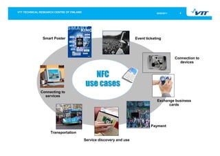 05/05/2011     6




 Smart Poster                                     Event ticketing




                                                                           Connection to
                                                                             devices


                         NFC
                      use cases
Connecting to
  services
                                                              Exchange business
                                                                    cards




                                                           Payment
     Transportation

                      Service discovery and use
 
