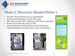 Mode 2: Discovery (Reader/Writer )
•   The NFC Phone behaves as a card Reader
•   Smart Posters/Displays contain NFC tags
•   NFC Tag contains URL coded per NFC Forum standard
•   Phone automatically jumps to URL
•   User is presented with guidance and information
•   Implementations include public transit, advertising….




    NFC BOOTCAMP SEATTLE: DAY 1                             10
 