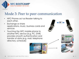 Mode 3: Peer to peer communication
•   NFC Phones act as Reader talking to
    each other.
•   Exchange or share
    applications, music, business cards and
    services
•   Touching the NFC mobile phone to
    another NFC device (e.g. PC, DVR)
    provides smooth authentication and
    transfer of data (e.g. mail, telephone
    directory, schedule)




    NFC BOOTCAMP SEATTLE: DAY 1               11
 