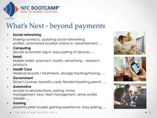 What’s Next - beyond payments
•   Social networking
    Sharing contacts, updating social networking
    profiles, automated location check-in, advertisement, …
•   Computing
    Secure automatic log-in, easy pairing of devices, …
•   Retail
    Mobile wallet -payment, loyalty, advertising, - research
    products
•   Health Care
    Medical records / treatments, dosage tracking/tracing, …
•   Government
    Driver’s License, benefits cards, Resident/parking permit, .…
•   Automotive
    Access to services/data, pairing, motor
    management, keys, fleet management, driver profile
    transfer, …
•   Gaming
    proximity peer to peer gaming experience, easy pairing, …
     NFC BOOTCAMP SEATTLE: DAY 1                                    22
 
