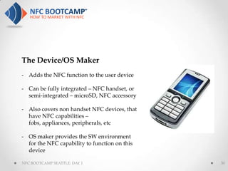 The Device/OS Maker
- Adds the NFC function to the user device

- Can be fully integrated – NFC handset, or
  semi-integrated – microSD, NFC accessory

- Also covers non handset NFC devices, that
  have NFC capabilities –
  fobs, appliances, peripherals, etc

- OS maker provides the SW environment
  for the NFC capability to function on this
  device

NFC BOOTCAMP SEATTLE: DAY 1                    30
 