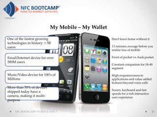 My Mobile – My Wallet

One of the fastest growing                          Don’t leave home without it
technologies in history: > 5B
users                                               13 minutes average before you
                                                    realize loss of mobile

Email/Internet device for over                      Front of pocket vs. back pocket
500M users
                                                    Constant companion for 18-49
                                                    segment

Music/Video device for 100’s of                     High responsiveness to
Millions                                            applications and value added
                                                    features beyond voice calls
More than 70% of devices
                                                    Screen, keyboard and fast
shipped today have a
                                                    speeds for a rich interactive
camera, making it multi-                            user experience
purpose


     NFC BOOTCAMP SEATTLE: DAY 1                                                    51
 
