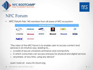 NFC Forum
•   NFC Forum has 140 members from all areas of NFC ecosystem




     “The vision of the NFC Forum is to enable users to access content and
     services in an intuitive way, leading to...
     o a world of secure universal commerce and connectivity
     o in which consumers can access and pay for physical and digital services
     o anywhere, at any time, using any device”

     Learn more at: www.nfc-forum.org
    NFC BOOTCAMP SEATTLE: DAY 1                                                  6
 