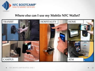 Where else can I use my Mobile NFC Wallet?
TRANSIT                           HOSPITALITY   HOME




CAMPUS                                          ATM


    NFC BOOTCAMP SEATTLE: DAY 1                        62
 