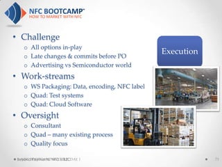 • Challenge
    o All options in-play
    o Late changes & commits before PO
                                                Execution
    o Advertising vs Semiconductor world
• Work-streams
    o WS Packaging: Data, encoding, NFC label
    o Quad: Test systems
    o Quad: Cloud Software
• Oversight
    o Consultant
    o Quad – many existing process
    o Quality focus

 Beyond Payments: NFC is B2CDAY 1
   NFC BOOTCAMP SEATTLE:                                    73
 