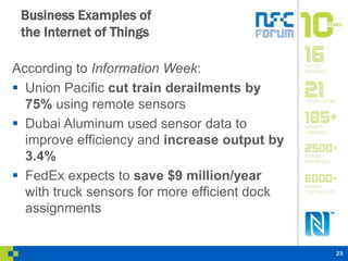 Business Examples of 
the Internet of Things 
According to Information Week: 
 Union Pacific cut train derailments by 
75...