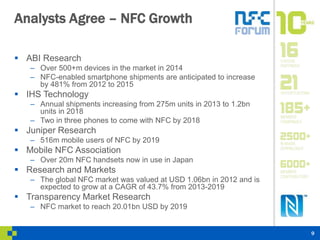 9 
Analysts Agree – NFC Growth 
 ABI Research 
– Over 500+m devices in the market in 2014 
– NFC-enabled smartphone shipm...