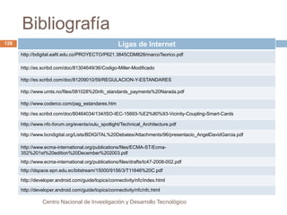 Bibliografía 
128 Ligas de Internet 
http://bdigital.eafit.edu.co/PROYECTO/P621.3845CDM828/marcoTeorico.pdf 
http://es.scribd.com/doc/81304649/36/Codigo-Miller-Modificado 
http://es.scribd.com/doc/81209010/59/REGULACION-Y-ESTANDARES 
http://www.umts.no/files/081028%20nfc_standards_payments%20Narada.pdf 
http://www.coderco.com/pag_estandares.htm 
http://es.scribd.com/doc/80464034/134/ISO-IEC-15693-%E2%80%93-Vicinity-Coupling-Smart-Cards 
http://www.nfc-forum.org/events/oulu_spotlight/Technical_Architecture.pdf 
http://www.bcndigital.org/Lists/BDIGITAL%20Debates/Attachments/96/presentacio_AngelDavidGarcia.pdf 
http://www.ecma-international.org/publications/files/ECMA-ST/Ecma- 
352%201st%20edition%20December%202003.pdf 
http://www.ecma-international.org/publications/files/drafts/tc47-2008-002.pdf 
http://dspace.epn.edu.ec/bitstream/15000/9156/3/T11646%20C.pdf 
http://developer.android.com/guide/topics/connectivity/nfc/index.html 
http://developer.android.com/guide/topics/connectivity/nfc/nfc.html 
Centro Nacional de Investigación y Desarrollo Tecnológico 
