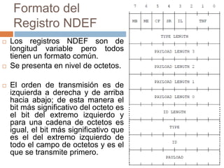 Formato del 
Registro NDEF 
 Los registros NDEF son de 
longitud variable pero todos 
tienen un formato común. 
 Se presenta en nivel de octetos. 
 El orden de transmisión es de 
izquierda a derecha y de arriba 
hacia abajo; de esta manera el 
bit más significativo del octeto es 
el bit del extremo izquierdo y 
para una cadena de octetos es 
igual, el bit más significativo que 
es el del extremo izquierdo de 
todo el campo de octetos y es el 
que se transmite primero. 
 
