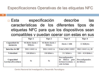 Especificaciones Operativas de las etiquetas NFC 
 Esta especificación describe las 
características de los diferentes tipos de 
etiquetas NFC para que los dispositivos sean 
compatibles y puedan operar con estas en sus 
diferentes modos lectura o escritura. 
Centro Nacional de Investigación y Desarrollo Tecnológico 
58 
 