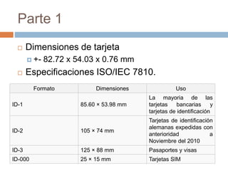 Parte 1 
 Dimensiones de tarjeta 
 +- 82.72 x 54.03 x 0.76 mm 
 Especificaciones ISO/IEC 7810. 
Formato Dimensiones Uso 
ID-1 85.60 × 53.98 mm 
La mayoria de las 
tarjetas bancarias y 
tarjetas de identificación 
ID-2 105 × 74 mm 
Tarjetas de identificación 
alemanas expedidas con 
anterioridad a 
Noviembre del 2010 
ID-3 125 × 88 mm Pasaportes y visas 
ID-000 25 × 15 mm Tarjetas SIM 
 