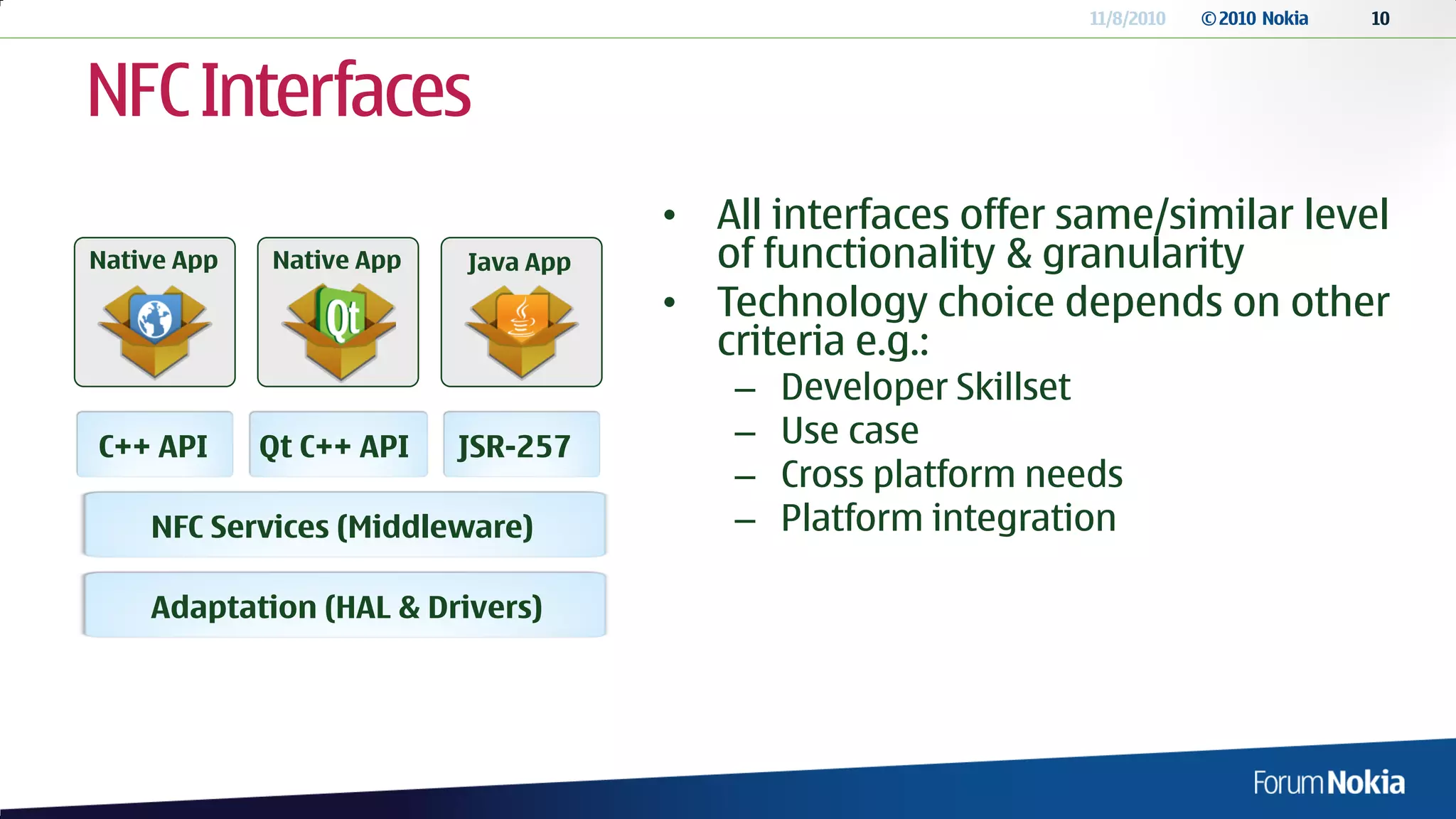 11/8/2010   © 2010 Nokia   10




NFC Interfaces
                                     • All interfaces offer same/similar level
Native App   Native App   Java App     of functionality & granularity
                                     • Technology choice depends on other
                                       criteria e.g.:
                                         –   Developer Skillset
C++ API      Qt C++ API   JSR-257        –   Use case
                                         –   Cross platform needs
    NFC Services (Middleware)            –   Platform integration

    Adaptation (HAL & Drivers)
 