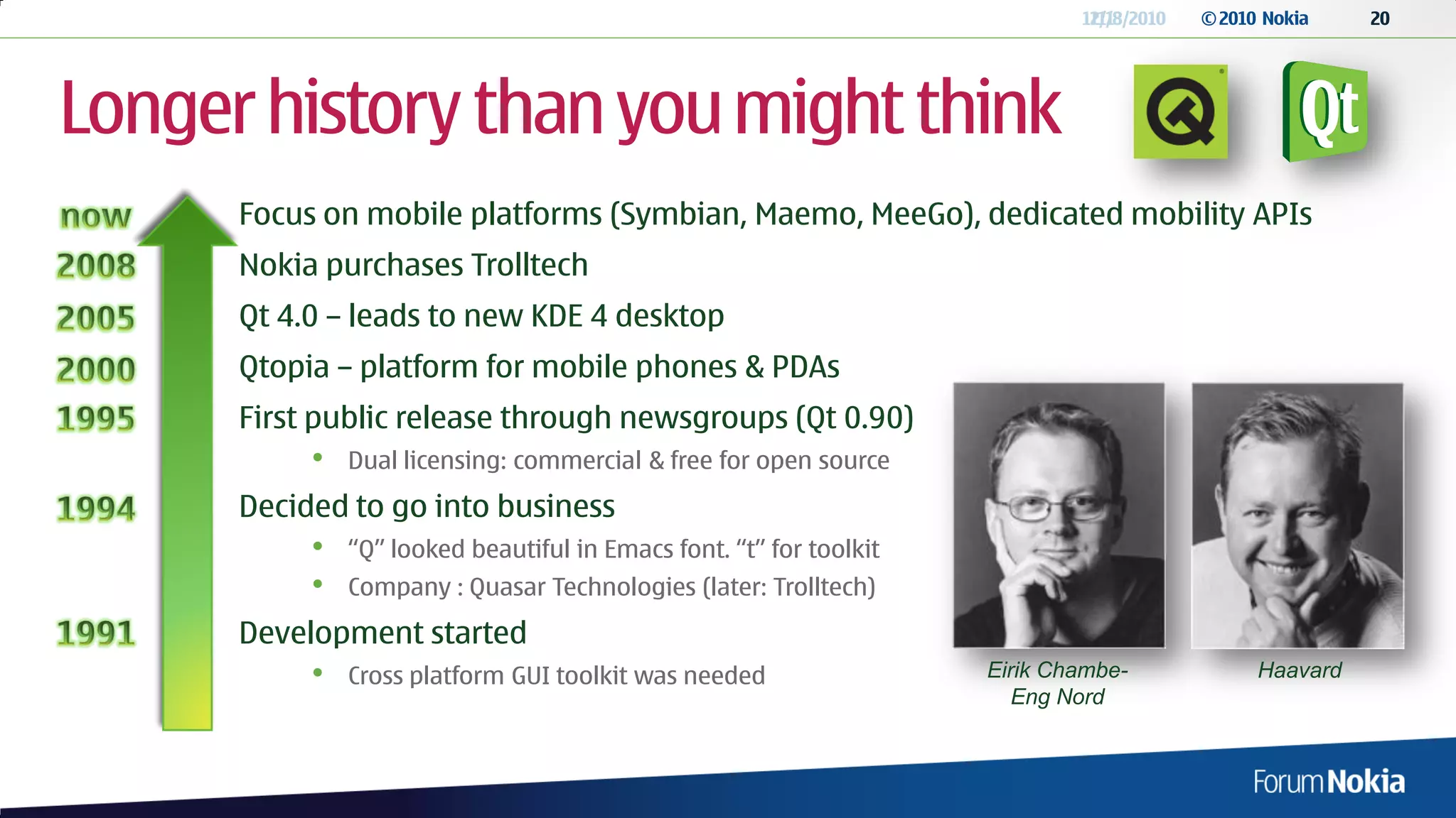 12/13/2010
                                                                              11/8/2010   © 2010 Nokia    20




Longer history than you might think
      Focus on mobile platforms (Symbian, Maemo, MeeGo), dedicated mobility APIs
      Nokia purchases Trolltech
      Qt 4.0 – leads to new KDE 4 desktop
      Qtopia – platform for mobile phones & PDAs
      First public release through newsgroups (Qt 0.90)
           •   Dual licensing: commercial & free for open source
      Decided to go into business
           •   “Q” looked beautiful in Emacs font. “t” for toolkit
           •   Company : Quasar Technologies (later: Trolltech)
      Development started
           •   Cross platform GUI toolkit was needed                 Eirik Chambe-              Haavard
                                                                        Eng Nord
 
