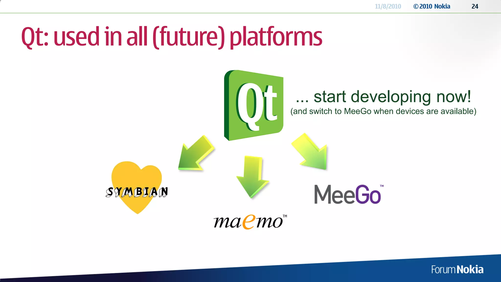 11/8/2010   © 2010 Nokia   24




Qt: used in all (future) platforms

                               ... start developing now!
                              (and switch to MeeGo when devices are available)
 