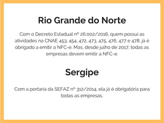 Rio Grande do Norte
Com o Decreto Estadual nº 26.002/2016, quem possui as
atividades na CNAE 453, 454, 472, 473, 475, 476, 477 e 478, já é
obrigado a emitir a NFC-e. Mas, desde julho de 2017, todas as
empresas devem emitir a NFC-e.
Sergipe
Com a portaria da SEFAZ nº 312/2014, ela já é obrigatória para
todas as empresas.
 