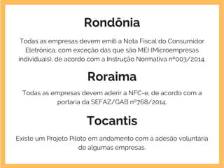 Rondônia
Todas as empresas devem emiti a Nota Fiscal do Consumidor
Eletrônica, com exceção das que são MEI (Microempresas
individuais), de acordo com a Instrução Normativa nº003/2014.
Roraima
Todas as empresas devem aderir a NFC-e, de acordo com a
portaria da SEFAZ/GAB nº768/2014.
Tocantis
Existe um Projeto Piloto em andamento com a adesão voluntária
de algumas empresas.
 