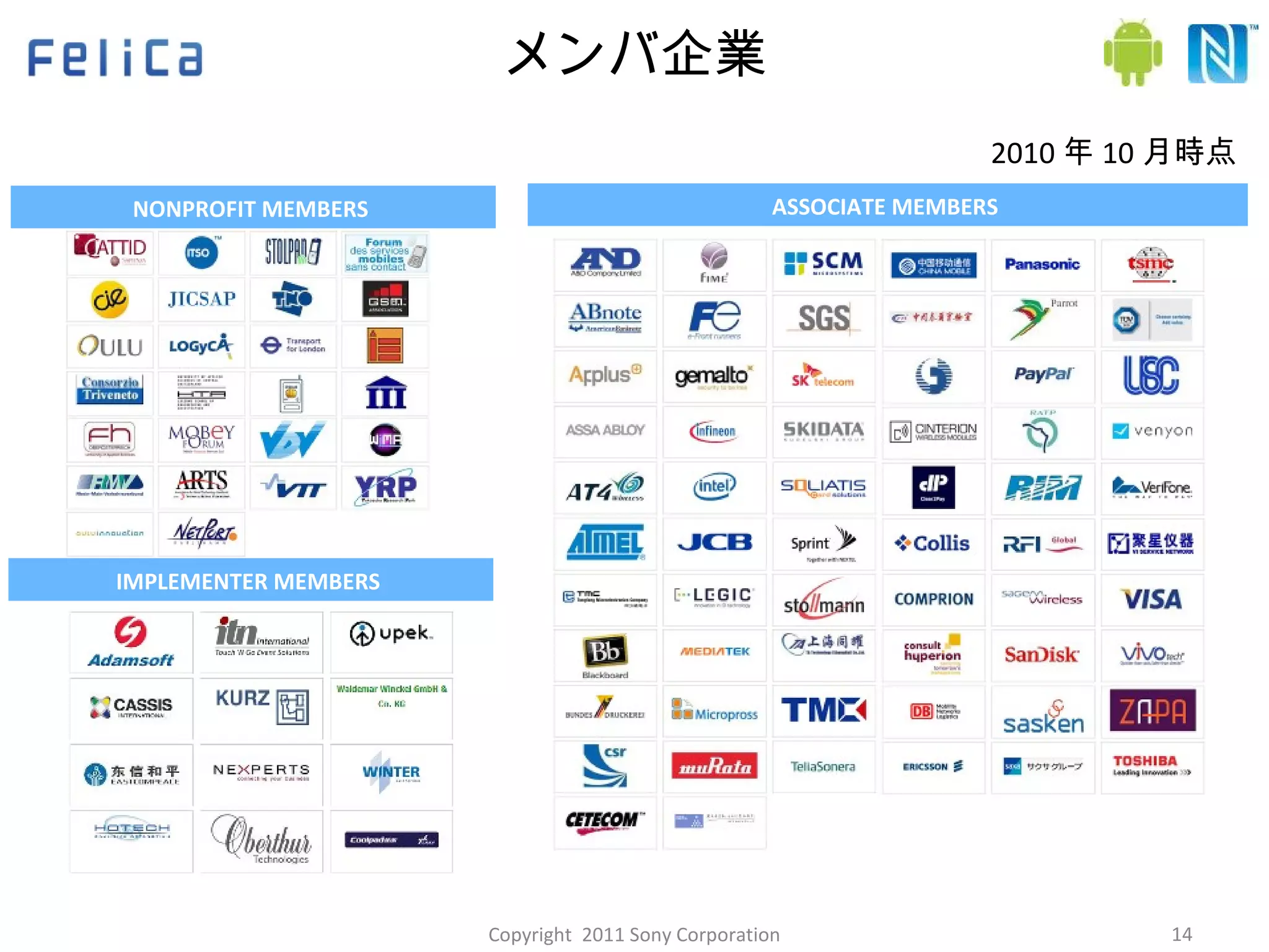 メンバ企業 ASSOCIATE MEMBERS  NONPROFIT MEMBERS  IMPLEMENTER MEMBERS  2010 年 10 月時点 Copyright  2011 Sony Corporation 