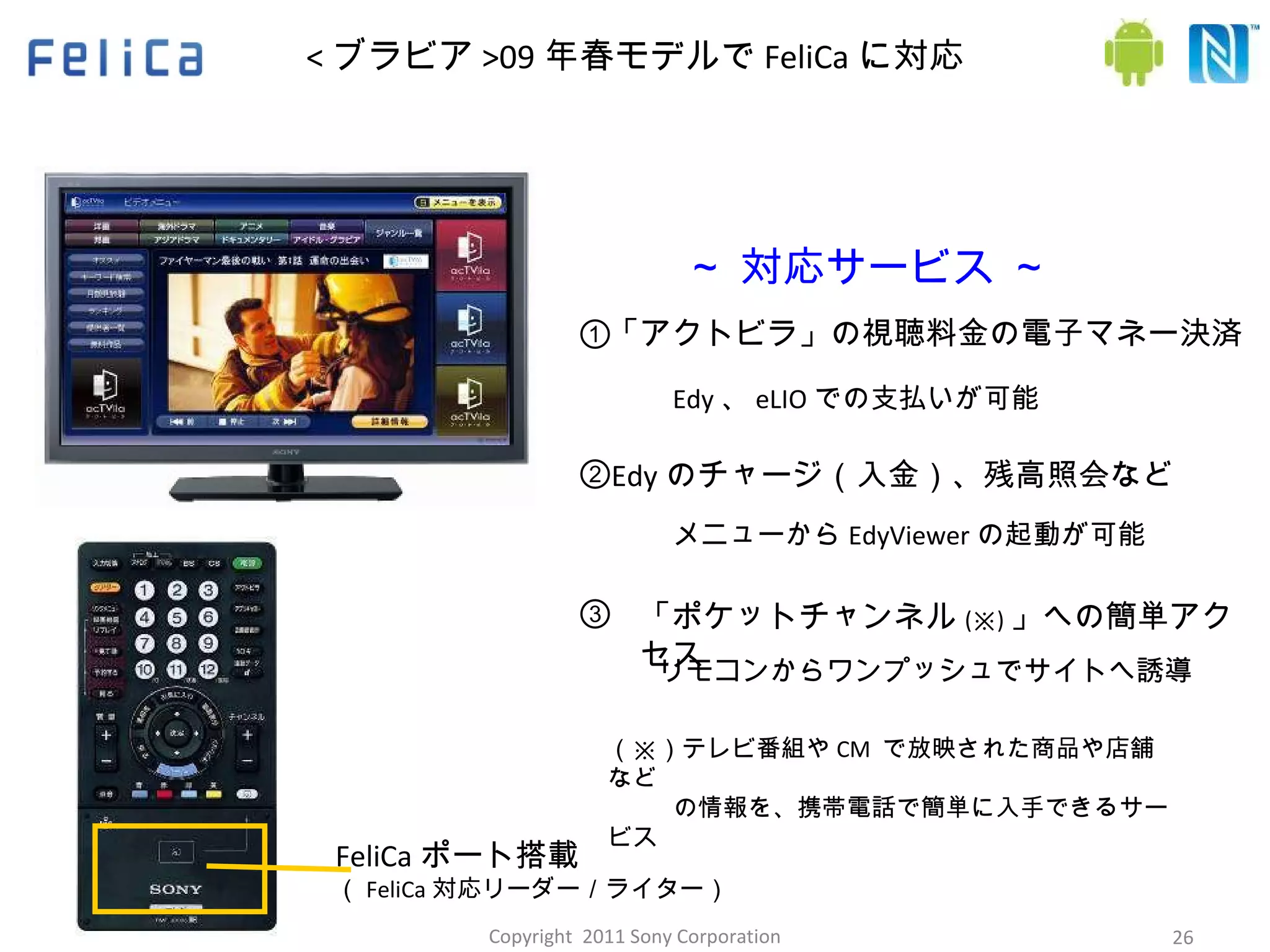 < ブラビア >09 年春モデルで FeliCa に対応 FeliCa ポート搭載 （ FeliCa 対応リーダー／ライター） 「アクトビラ」の視聴料金の電子マネー決済 ～ 対応サービス ～ Edy のチャージ（入金）、残高照会など 「ポケットチャンネル (※) 」への簡単アクセス メニューから EdyViewer の起動が可能 Edy 、 eLIO での支払いが可能 リモコンからワンプッシュでサイトへ誘導 ① ② ③ （※）テレビ番組や CM  で放映された商品や店舗など 　　  の情報を、携帯電話で簡単に入手できるサービス Copyright  2011 Sony Corporation 