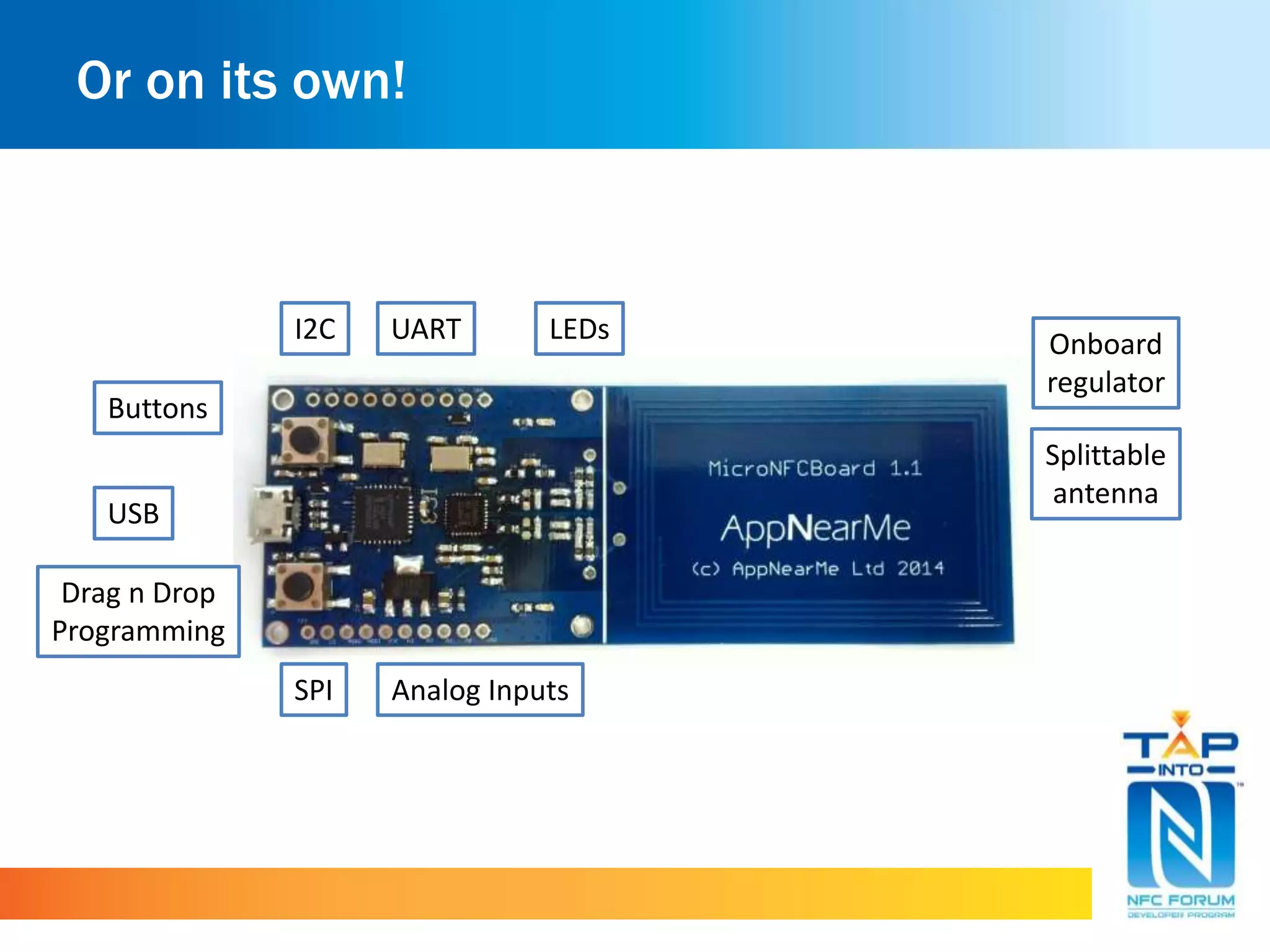Or on its own!
UARTI2C
USB
Onboard
regulator
SPI Analog Inputs
Splittable
antenna
LEDs
Buttons
Drag n Drop
Programming
