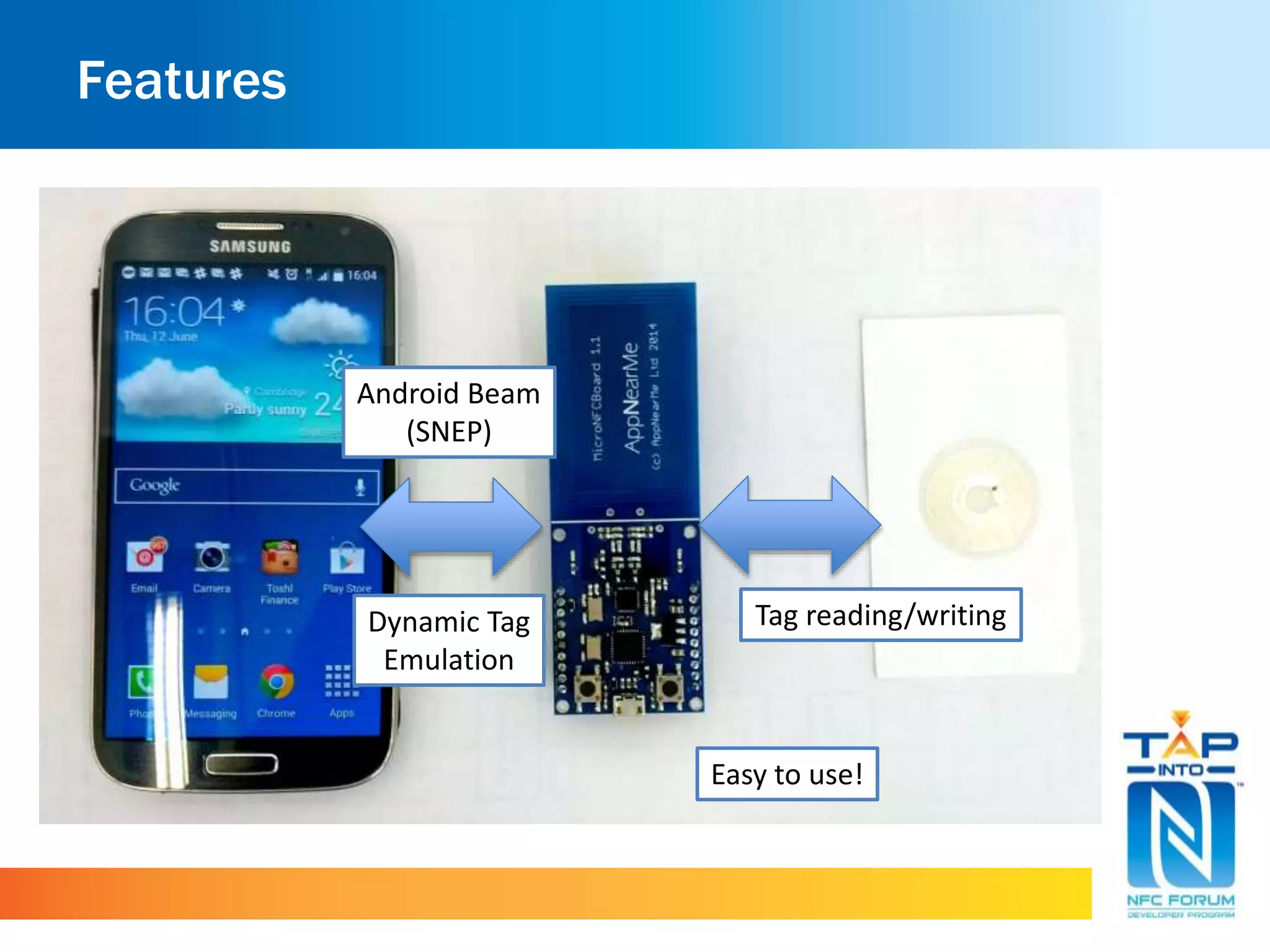 Features
Android Beam
(SNEP)
Dynamic Tag
Emulation
Tag reading/writing
Easy to use!