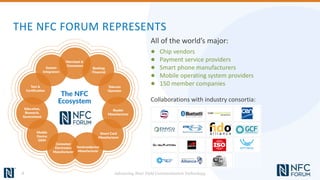 THE NFC FORUM REPRESENTS
All of the world’s major:
● Chip vendors
● Payment service providers
● Smart phone manufacturers
● Mobile operating system providers
● 150 member companies
Collaborations with industry consortia:
4 Advancing Near Field Communication Technology
 