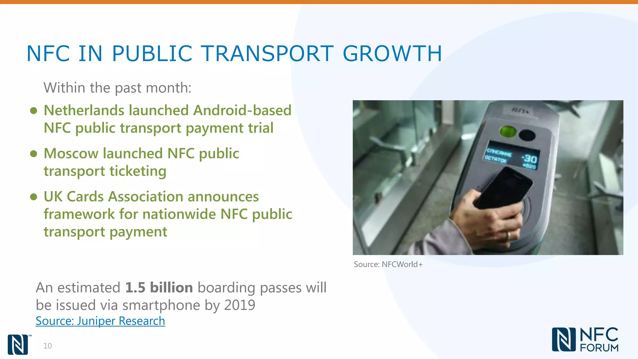 NFC IN PUBLIC TRANSPORT GROWTH
10
● Netherlands launched Android-based
NFC public transport payment trial
● Moscow launched NFC public
transport ticketing
● UK Cards Association announces
framework for nationwide NFC public
transport payment
Within the past month:
Source: NFCWorld+
An estimated 1.5 billion boarding passes will
be issued via smartphone by 2019
Source: Juniper Research
 
