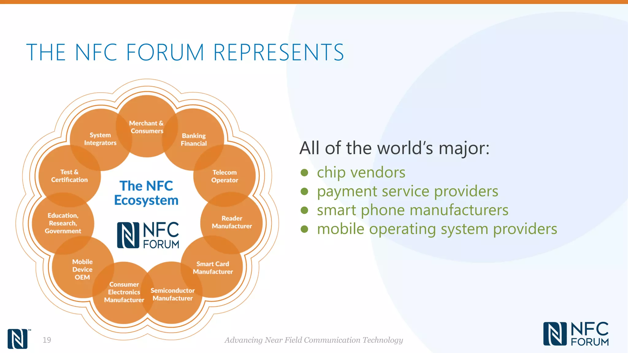 THE NFC FORUM REPRESENTS
Advancing Near Field Communication Technology19
All of the world’s major:
● chip vendors
● payment service providers
● smart phone manufacturers
● mobile operating system providers
 