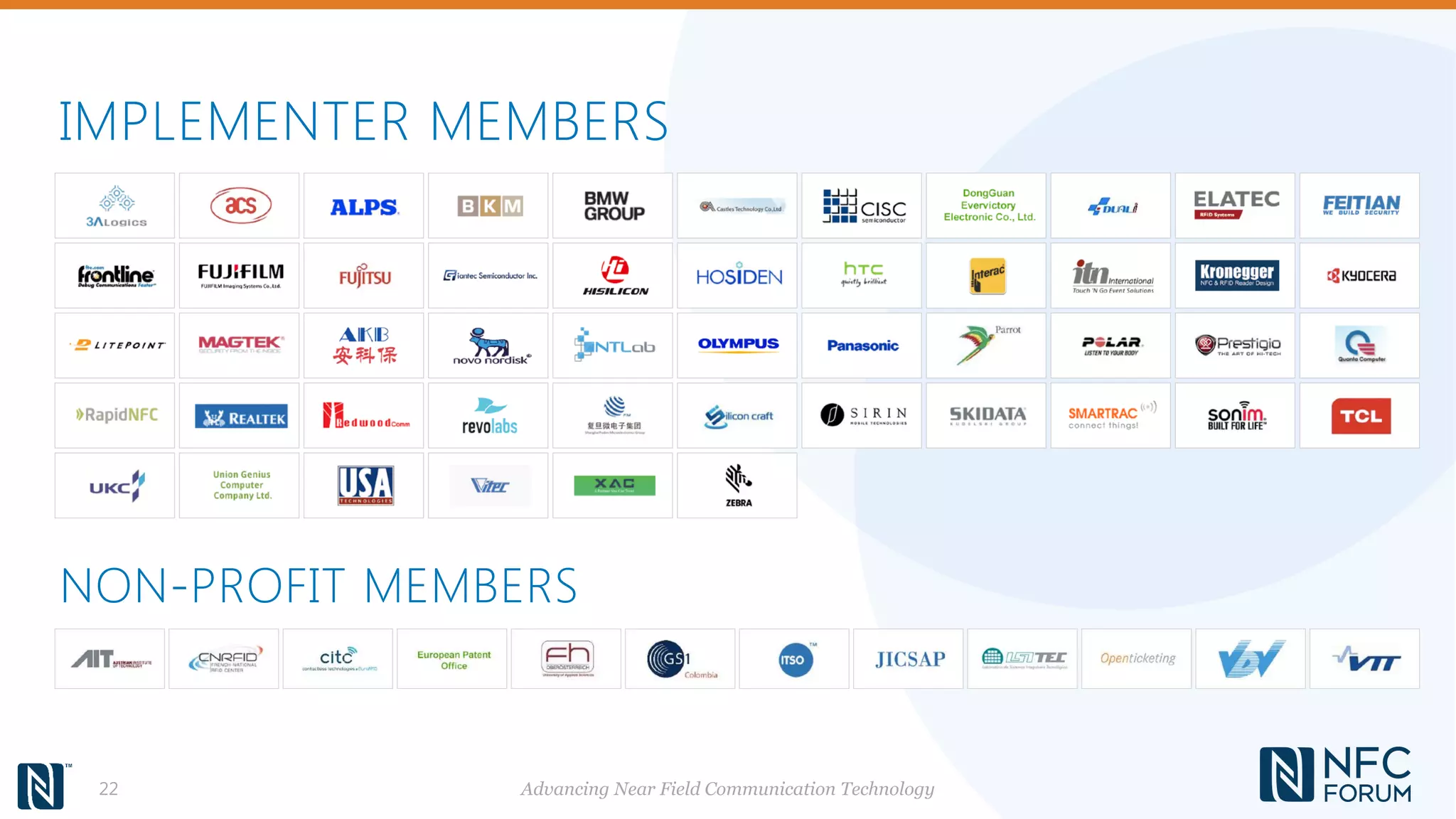 IMPLEMENTER MEMBERS
Advancing Near Field Communication Technology22
NON-PROFIT MEMBERS
 