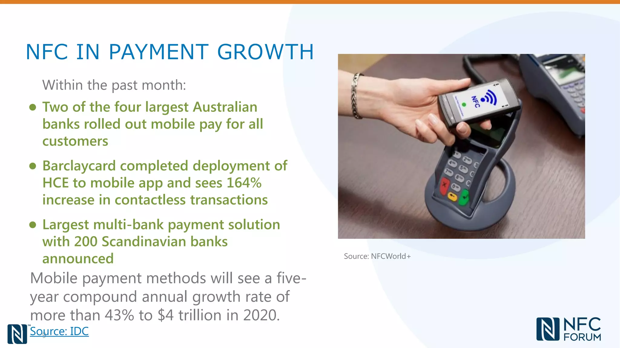 NFC IN PAYMENT GROWTH
9
● Two of the four largest Australian
banks rolled out mobile pay for all
customers
● Barclaycard completed deployment of
HCE to mobile app and sees 164%
increase in contactless transactions
● Largest multi-bank payment solution
with 200 Scandinavian banks
announced
Within the past month:
Source: NFCWorld+
Mobile payment methods will see a five-
year compound annual growth rate of
more than 43% to $4 trillion in 2020.
Source: IDC
 
