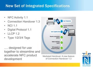 New Set of Integrated Specifications
• NFC Activity 1.1
• Connection Handover 1.3
• NCI 1.1
• Digital Protocol 1.1
• LLCP 1.2
• Type 1/2/3/4 Tags
… designed for use
together to streamline and
accelerate NFC product
development
Mediated Handover: A new feature
of Connection Handover 1.3
 