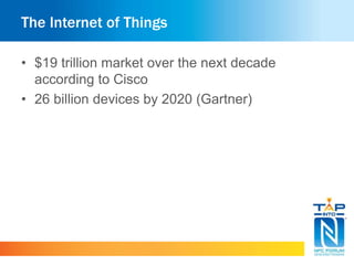 The Internet of Things
• $19 trillion market over the next decade
according to Cisco
• 26 billion devices by 2020 (Gartner)
 