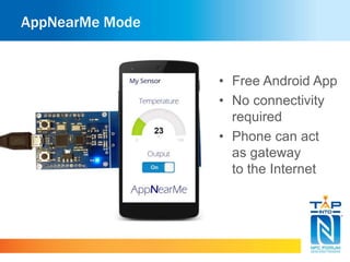AppNearMe Mode
• Free Android App
• No connectivity
required
• Phone can act
as gateway
to the Internet
 