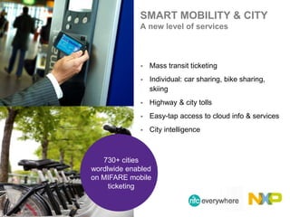  Mass transit ticketing
 Individual: car sharing, bike sharing,
skiing
 Highway & city tolls
 Easy-tap access to cloud info & services
 City intelligence
10.
SMART MOBILITY & CITY
A new level of services
730+ cities
wordlwide enabled
on MIFARE mobile
ticketing
 