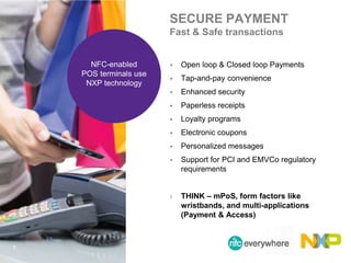  Open loop & Closed loop Payments
 Tap-and-pay convenience
 Enhanced security
 Paperless receipts
 Loyalty programs
 Electronic coupons
 Personalized messages
 Support for PCI and EMVCo regulatory
requirements
› THINK – mPoS, form factors like
wristbands, and multi-applications
(Payment & Access)
7.
NFC-enabled
POS terminals use
NXP technology
SECURE PAYMENT
Fast & Safe transactions
 