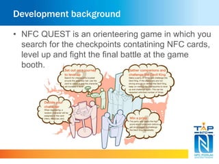 Development background 
• NFC QUEST is an orienteering game in which you 
search for the checkpoints contatining NFC cards, 
level up and fight the final battle at the game 
booth. 
 