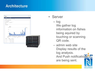 Architecture 
• Server 
– log 
We gather log 
information on fishes 
being aquired by 
touching or scanning 
QR code. 
– admin web site 
Display results of the 
log analysis. 
And Push notifications 
are being sent. 
 