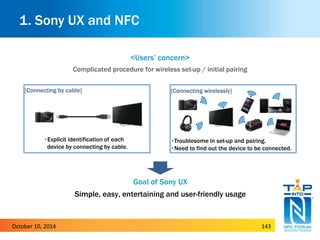 1. Sony UX and NFC 
<Users’ concern> 
Complicated procedure for wireless set-up / initial pairing 
[Connecting by cable] [Connecting wirelessly] 
・Troublesome in set-up and pairing. 
・Need to find out the device to be connected. 
Goal of Sony UX 
・Explicit identification of each 
device by connecting by cable. 
Simple, easy, entertaining and user-friendly usage 
October 10, 2014 143 
 