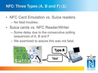 NFC: Three Types (A, B and F) (1) 
• NFC Card Emulation vs. Suica readers 
– No fatal troubles. 
• Suica cards vs. NFC Reader/Writer 
– Some delay due to the consecutive polling 
sequences of A, B and F 
– We examined to assure this was not fatal. 
Type A 
… 
BF 
Yes! 
 