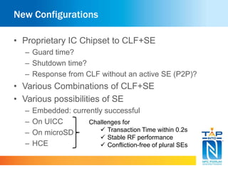 New Configurations 
• Proprietary IC Chipset to CLF+SE 
– Guard time? 
– Shutdown time? 
– Response from CLF without an active SE (P2P)? 
• Various Combinations of CLF+SE 
• Various possibilities of SE 
– Embedded: currently successful 
– On UICC 
Challenges for 
– On microSD 
– HCE 
 Transaction Time within 0.2s 
 Stable RF performance 
 Confliction-free of plural SEs 
 