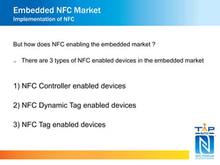 Embedded NFC Market 
Implementation of NFC 
But how does NFC enabling the embedded market ? 
 There are 3 types of NFC enabled devices in the embedded market 
1) NFC Controller enabled devices 
2) NFC Dynamic Tag enabled devices 
3) NFC Tag enabled devices 
 