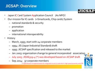 JICSAP: Overview 
・Japan IC Card System Application Council (As NPO） 
・Our mission for IC cards (=Smartcards, Chip cards) System 
– national standards & security 
– promotion 
– application 
– international interoperability 
・History 
– March, 1993; start with 24 corporate members 
– 1994: JIS (Japan Industrial Standard) draft 
– 1995: JICSAP specification and released to the market 
– Jan.2003: organization change to general incorporated association 
– July 2005: JISX6319-4 (*) was developed based on JICSAP draft 
– Sep.2014: 37 corporatemembers 
(*) Specification of implementation for integrated circuit (s) cards-Part 4: High speed proximity cards ２０ 
 