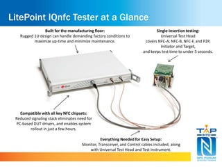 Single-insertion testing: 
Universal Test Head 
LitePoint IQnfc Tester at a Glance 
covers NFC-A, NFC-B, NFC-F, and P2P, 
Initiator and Target, 
and keeps test time to under 5 seconds. 
Built for the manufacturing floor: 
Rugged 1U design can handle demanding factory conditions to 
maximize up-time and minimize maintenance. 
Compatible with all key NFC chipsets: 
Reduced signaling stack eliminates need for 
PC-based DUT drivers, and enables system 
rollout in just a few hours. 
Everything Needed for Easy Setup: 
Monitor, Transceiver, and Control cables included, along 
with Universal Test Head and Test Instrument. 
 