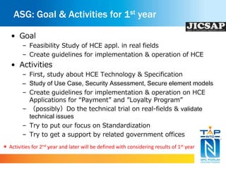 ASG: Goal & Activities for 1st year 
• Goal 
– Feasibility Study of HCE appl. in real fields 
– Create guidelines for implementation & operation of HCE 
• Activities 
– First, study about HCE Technology & Specification 
– Study of Use Case, Security Assessment, Secure element models 
– Create guidelines for implementation & operation on HCE 
Applications for “Payment” and ”Loyalty Program” 
– （possibly）Do the technical trial on real-fields & validate 
technical issues 
– Try to put our focus on Standardization 
– Try to get a support by related government offices 
＊ Activities for 2nd ｙear and later will be defined with considering results of 1st year 
 