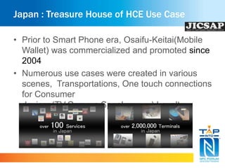 Japan : Treasure House of HCE Use Case 
• Prior to Smart Phone era, Osaifu-Keitai(Mobile 
Wallet) was commercialized and promoted since 
2004 
• Numerous use cases were created in various 
scenes, Transportations, One touch connections 
for Consumer 
devices(TV,Camera,Speaker・・・・),Loyalty 
Programs 
 