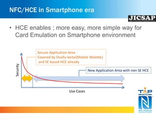 NFC/HCE in Smartphone era 
• HCE enables ; more easy, more simple way for 
Card Emulation on Smartphone environment 
Security 
Secure Application Area 
Covered by Osaifu-keitai(Mobile Walette) 
and SE based HCE already 
New Application Area with non SE HCE 
Use Cases 
 