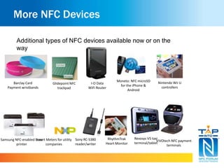 More NFC Devices 
Additional types of NFC devices available now or on the 
way 
Samsung NFC-enabled laser 
printer 
Moneto: NFC microSD 
for the iPhone & 
Android 
Revosys V5 taxi 
terminal/tablet V 
iVOtech NFC payment 
terminals 
Glidepoint NFC 
I-O Data 
WiFi Router 
Sony RC-S380 
reader/writer 
trackpad 
Smart Meters for utility 
companies 
Nintendo Wii U 
controllers 
Barclay Card 
Payment wristbands 
RhythmTrak 
Heart Monitor 
 