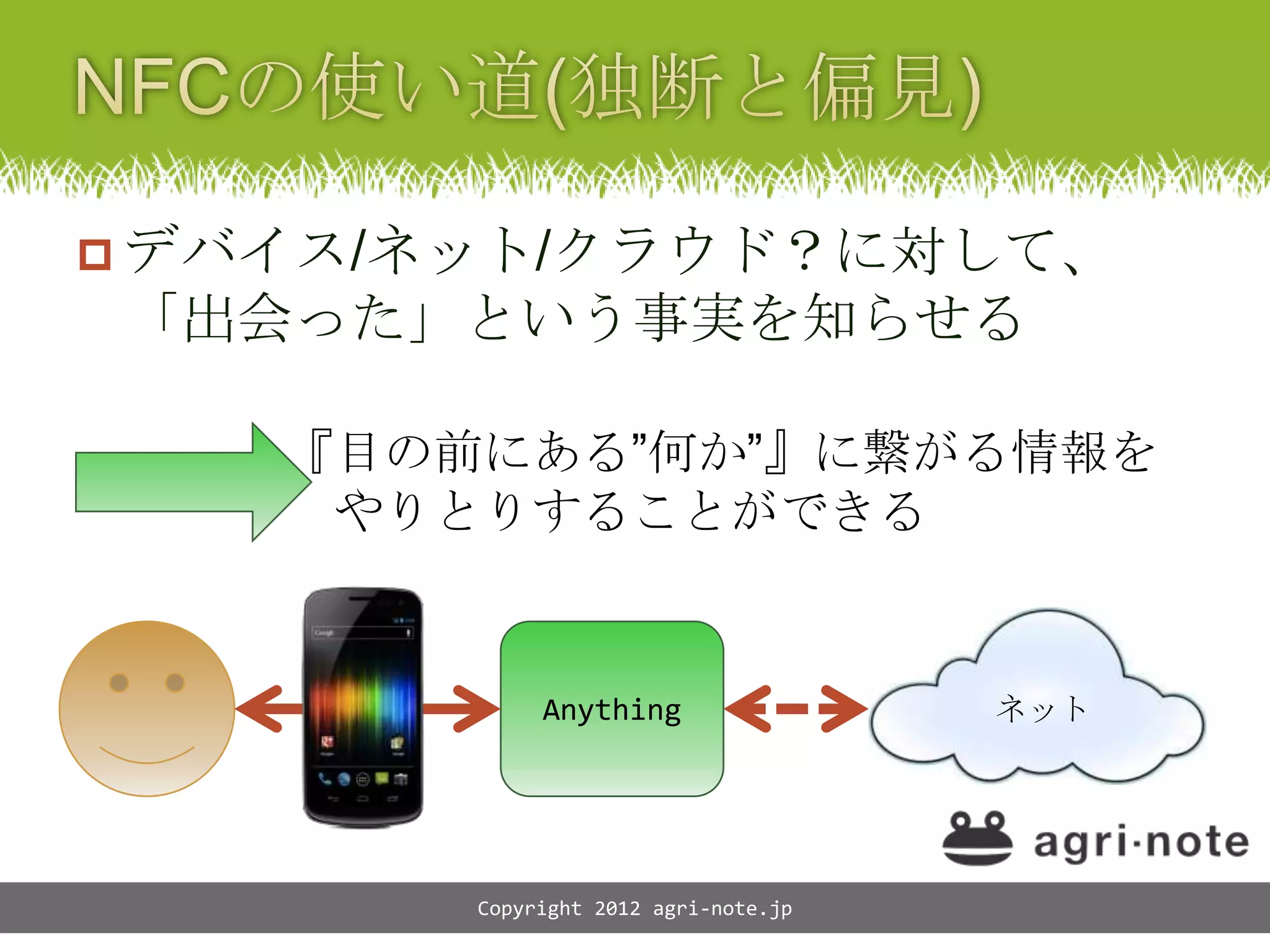  デバイス/ネット/クラウド？に対して、
「出会った」という事実を知らせる

    『目の前にある&rdquo;何か&rdquo;』に繋がる情報を
     やりとりすることができる


             Anything                 ネット




        Copyright 2012 agri-note.jp
 
