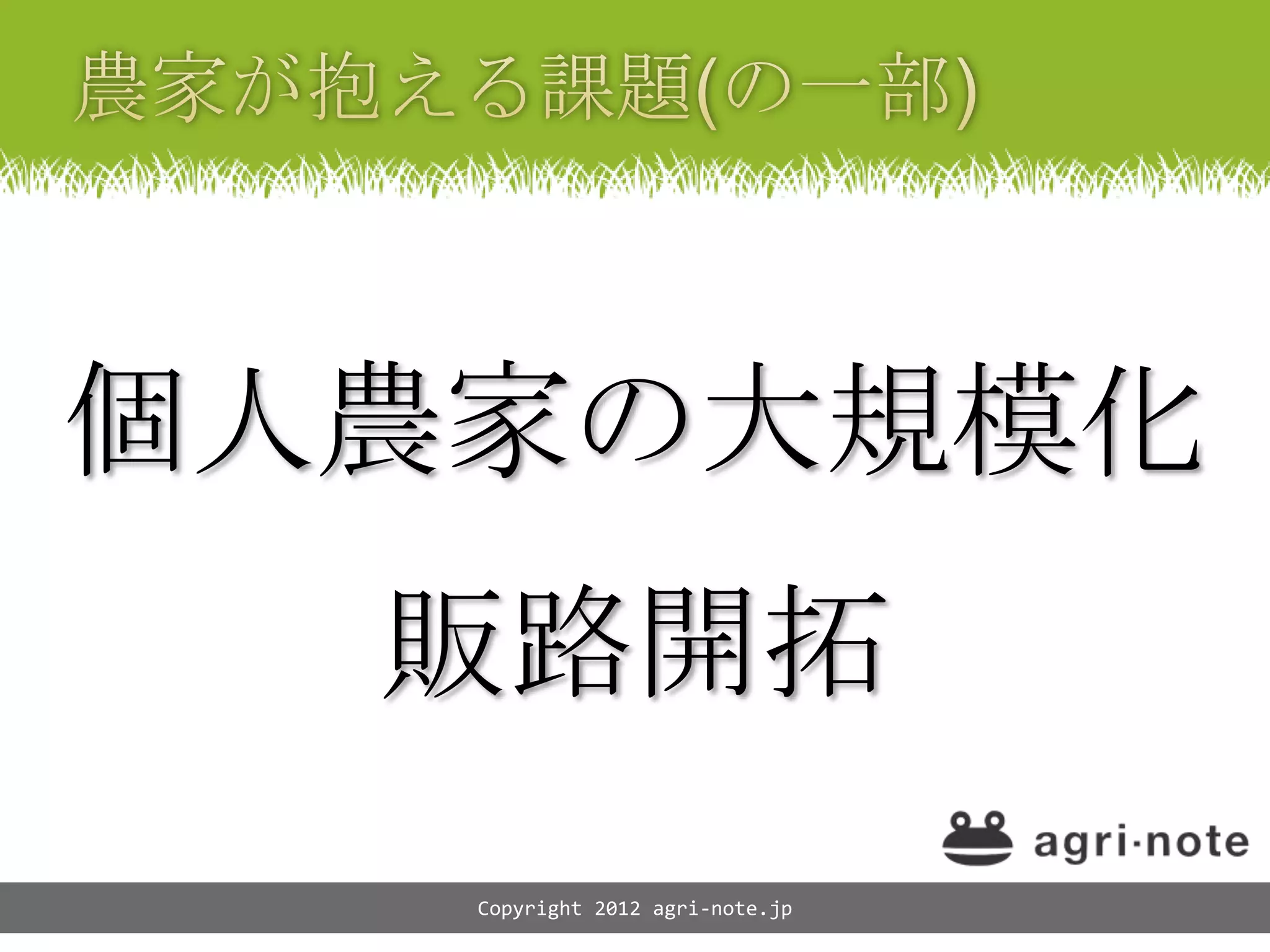 個人農家の大規模化
  販路開拓
   Copyright 2012 agri-note.jp
 