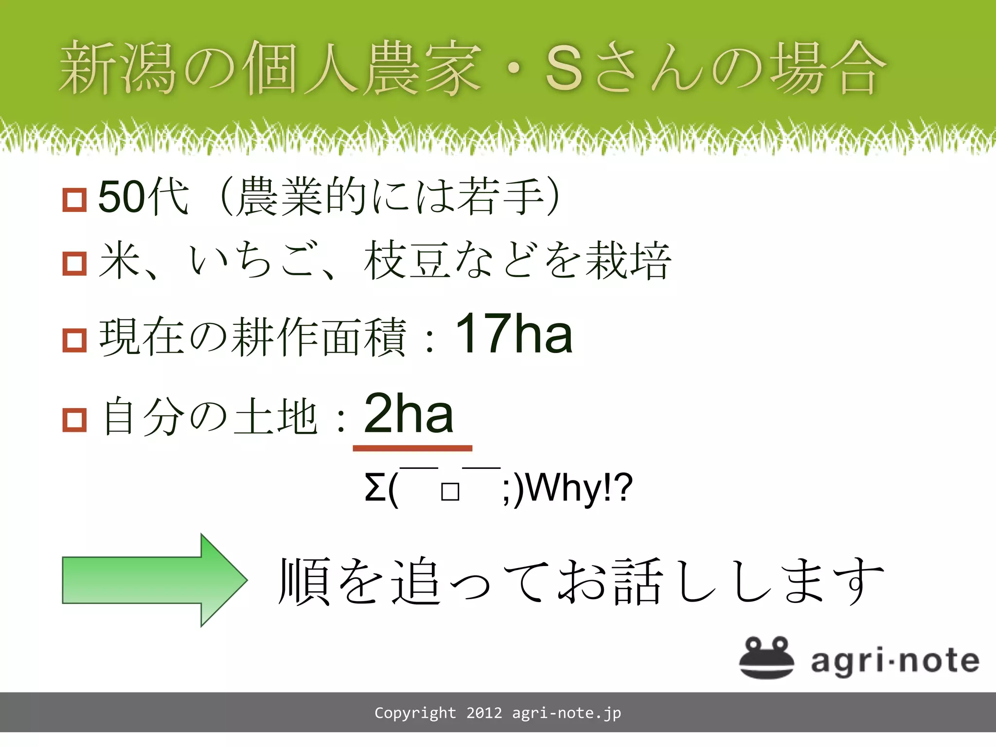  50代（農業的には若手）
 米、いちご、枝豆などを栽培

 現在の耕作面積： 17ha
 自分の土地：2ha

        &Sigma;(￣□￣;)Why!?

      順を追ってお話しします

         Copyright 2012 agri-note.jp
 