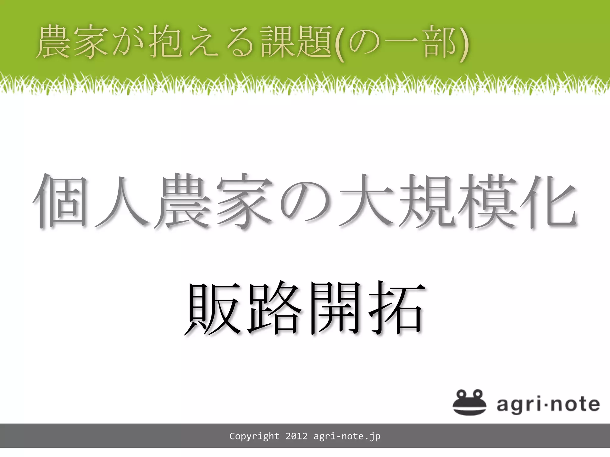 個人農家の大規模化
  販路開拓
   Copyright 2012 agri-note.jp
 